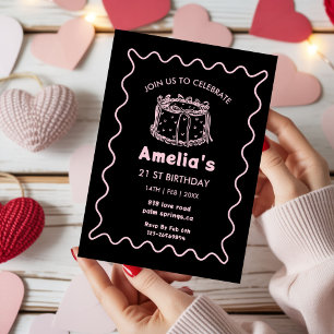 Pink and white Wavy Birthday hand drawn cake Invitation
