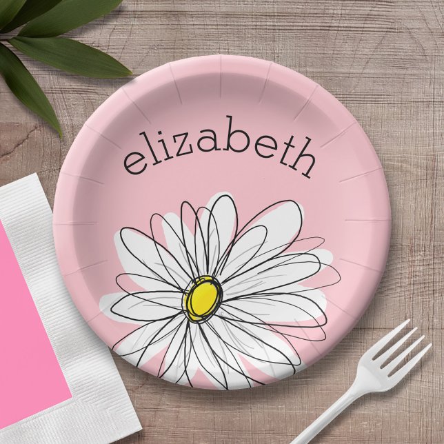 Pink and White Whimsical Daisy with Custom Text Paper Plate (Personalized party plate with area for name - whimsical daisy )