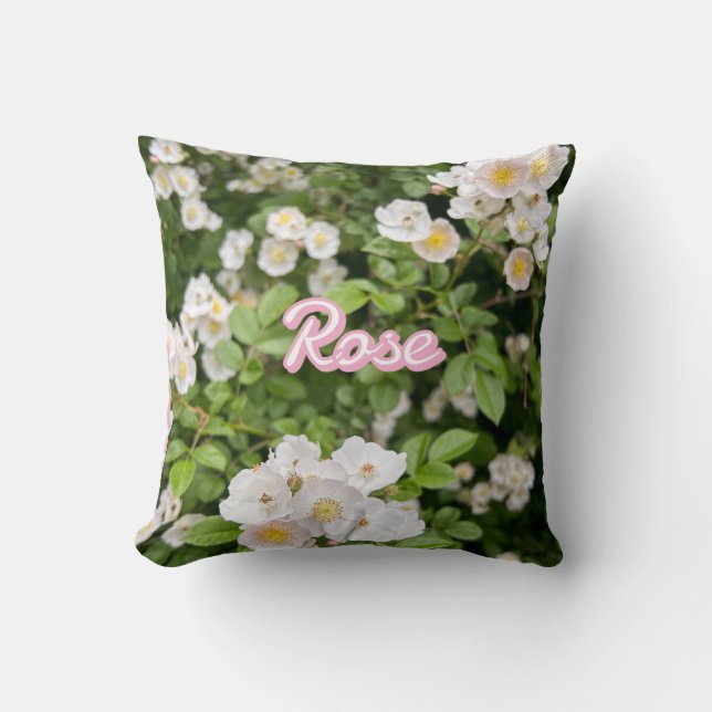 Pink and White Wild Roses on Green Custom Name Throw Pillow (Front)