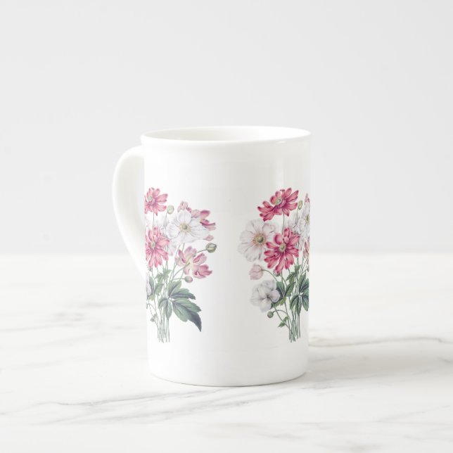 Pink and White Windflower Botanical Bone China Mug (Front Left)