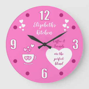 Pink and white with a coffee cup hearts and a name large clock
