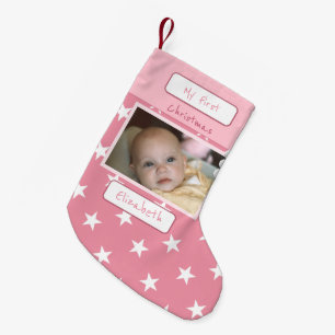 Pink and white with stars photo and name first small christmas stocking