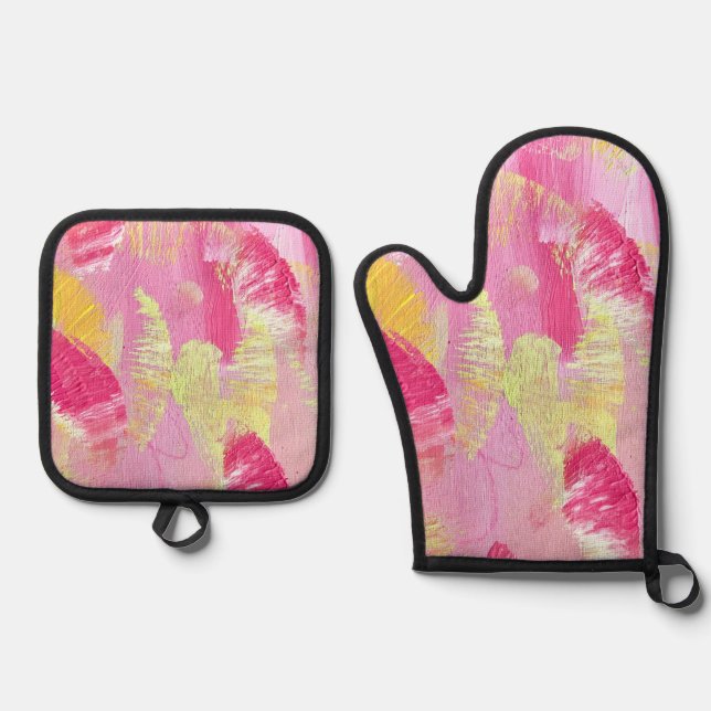 Pink and Yellow Abstract Art Oven Mitt & Pot Holder Set (Front)