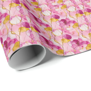 Pink and Yellow Alcohol Ink Abstract Botanical Wrapping Paper