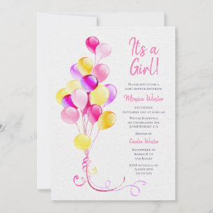 Pink and Yellow Balloons Baby Shower Invitation