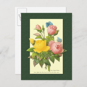 Pink and Yellow Botanical Roses Blank Postcard