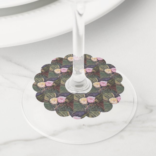 Pink and Yellow Cactus Flowers Wine Glass Tag (Close Up)