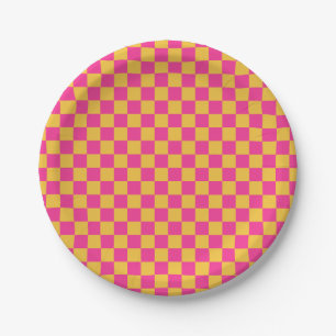 Pink and Yellow Chequerboard Paper Plate