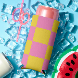Pink and Yellow Chequered Pattern Seltzer Can Cooler