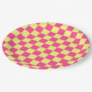 Pink and Yellow Chequered Print Paper Plate