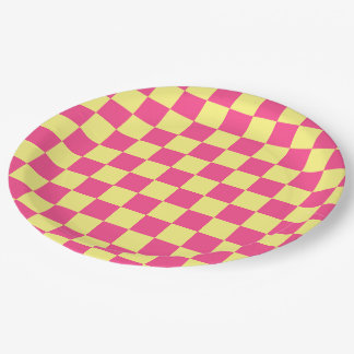 Pink and Yellow Chequered Print Paper Plate