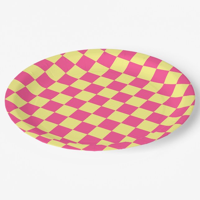 Pink and Yellow Chequered Print Paper Plate (Angled)