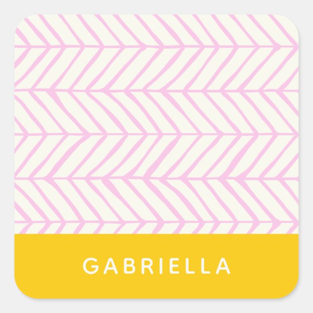 Pink and Yellow Chevron Line Pattern Personalized  Square Sticker (Front)