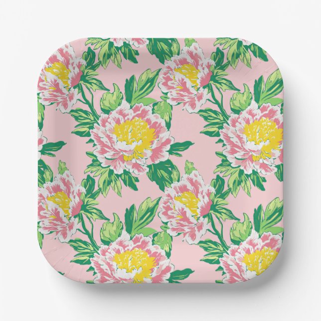 Pink and Yellow Chinoiserie Floral Paper Plate (Front)