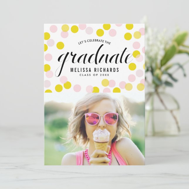 Pink and Yellow Confetti Dots Photo Graduation Announcement (Standing Front)