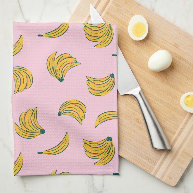 Pink and Yellow Cool Banana Pattern Kitchen Towel (Quarter Fold)