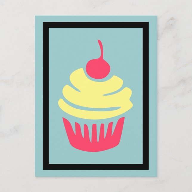 Pink and Yellow Cupcake with Cherry On Top Postcard (Front)