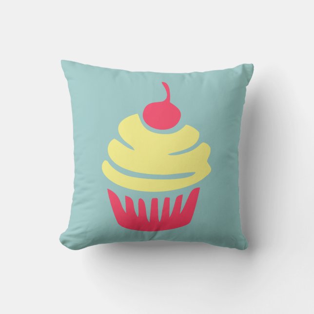 Pink and Yellow Cupcake with Cherry On Top Throw Pillow (Front)