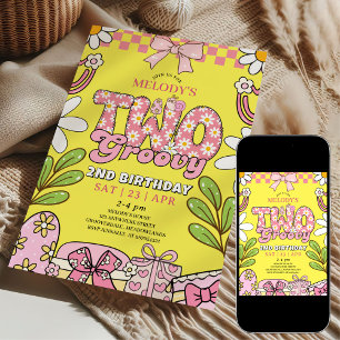 Pink and Yellow Daisy 2nd Birthday Retro Birthday Invitation