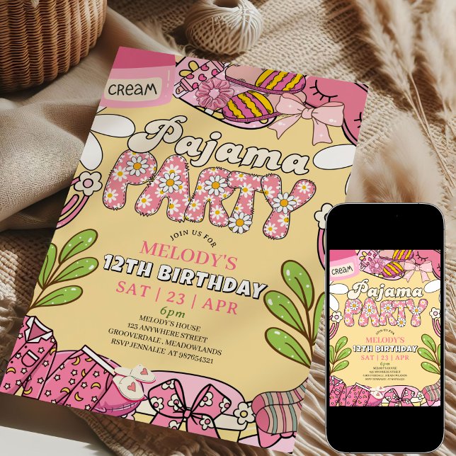 Pink and Yellow Daisy Pajama Party Birthday  Invitation (Creator Uploaded)