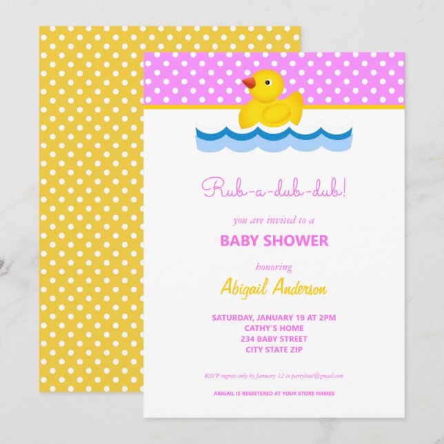 Pink and Yellow Duck Polka Dots Baby Shower Invitation (Front/Back)