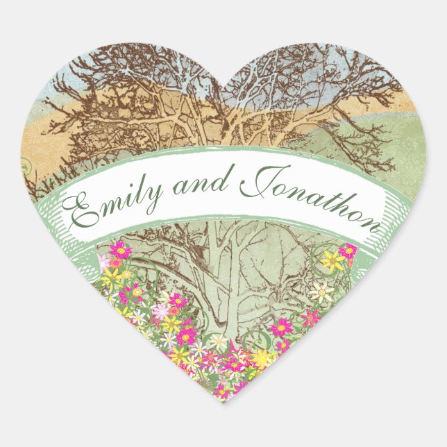 Pink and Yellow Floral Brown Oak Tree Wedding Seal (Front)