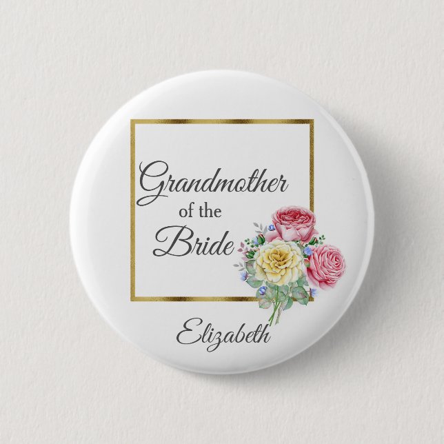 Pink and Yellow Floral Grandmother of the Bride 2 Inch Round Button (Front)