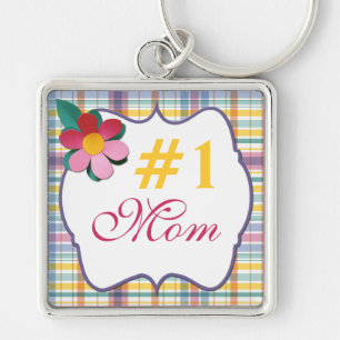 Pink and Yellow Floral on Plaid  #1 Mom Keychain