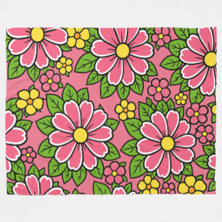 Pink and Yellow Floral Pattern with Green Leaves Fleece Blanket