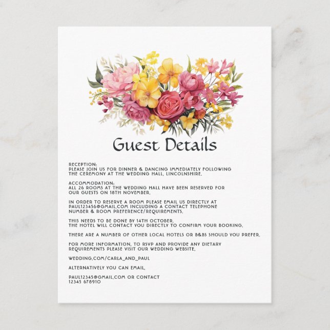 Pink and Yellow Floral Wedding Guest Details Enclosure Card (Front)