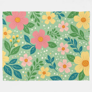 Pink and Yellow Florals with Green & Blue Leaves Fleece Blanket