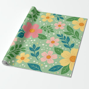 Pink and Yellow Florals with Green & Blue Leaves Wrapping Paper
