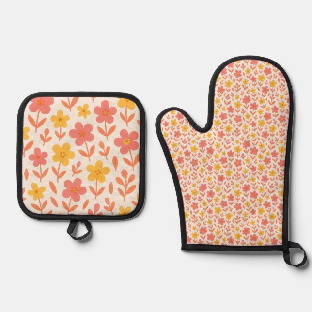 Pink and yellow flower pattern oven mitt & pot holder set (Front)