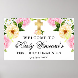 Pink and Yellow Flowers First Holy Communion Poster