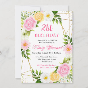 Pink and Yellow Flowers Gold Frame 21st Birthday Invitation