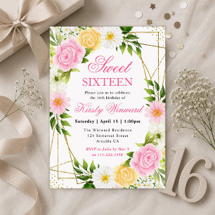 Pink and Yellow Flowers Gold Frame Sweet 16 Invitation