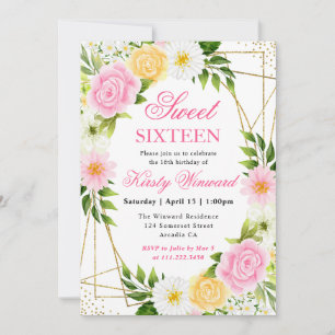Pink and Yellow Flowers Gold Frame Sweet 16 Invitation