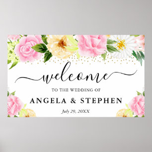 Pink and Yellow Flowers Wedding Welcome Poster