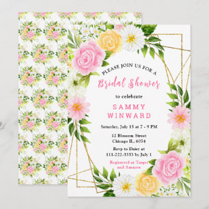Pink and Yellow Flowers with Foliage Bridal Shower Invitation