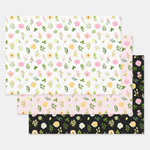 Pink and Yellow Flowers with Foliage Pattern Wrapping Paper Sheet