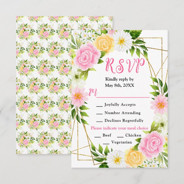 Pink and Yellow Flowers with Foliage Wedding RSVP Card (Front/Back)