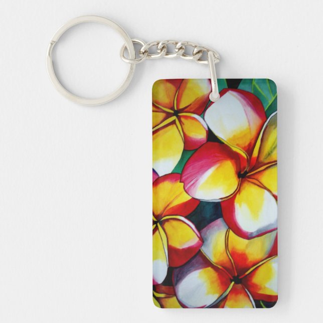 Pink and yellow frangipani flower art keychain (Front)