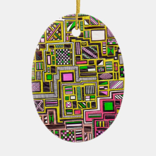 Pink and Yellow Geometric shapes pop art punk Ceramic Ornament (Front)