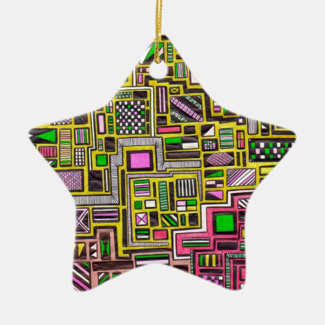 Pink and Yellow Geometric shapes pop art punk Ceramic Ornament (Front)