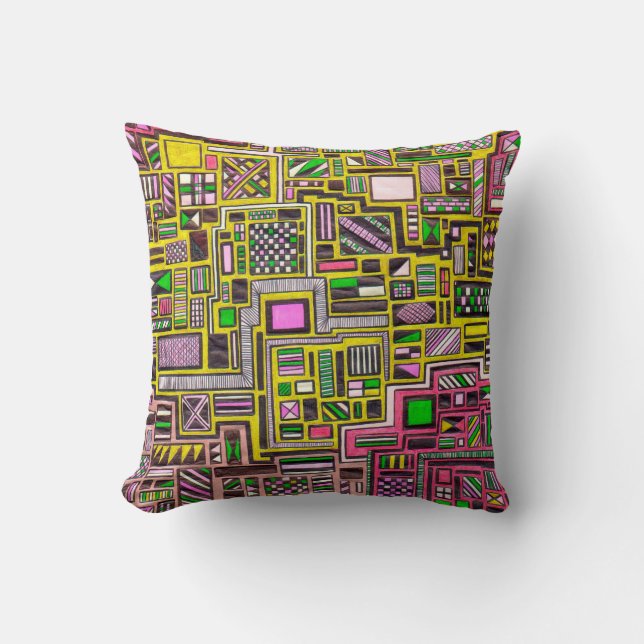 Pink and Yellow Geometric square art Throw Pillow (Front)