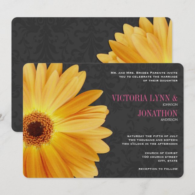 Pink and Yellow Gerber Daisy Wedding Invitation (Front/Back)