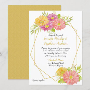 Pink and Yellow Gerbera Daisies Geometric Wedding Invitation