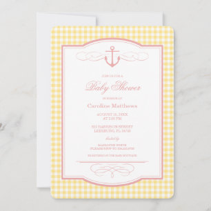 Pink and Yellow Gingham Preppy Coastal Baby Shower Invitation