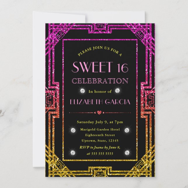 Pink and Yellow Glitter Art Deco Frame Sweet 16 Invitation (Front)