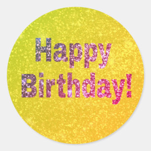 Pink and Yellow Happy Birthday Glitter Classic Round Sticker